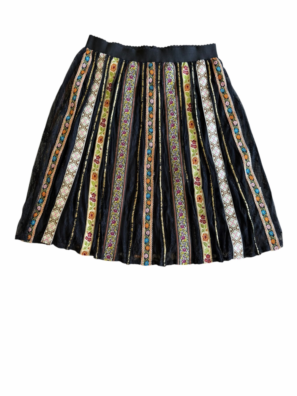 Black Lace Floral Ribbon Trim Boho Midi Skirt XL Festival Folk